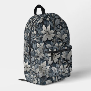 Elegant dusty blue silver white grey floral printed backpack