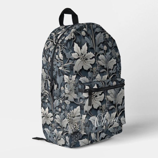 Elegant dusty blue silver white grey floral printed backpack (Back Corner Left)