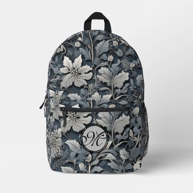 Elegant dusty blue silver white grey floral printed backpack (Front)