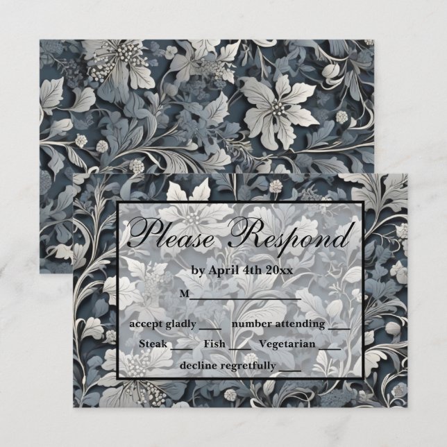 Elegant dusty blue silver white grey floral RSVP card (Front/Back)