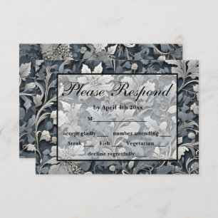 Elegant dusty blue silver white grey floral RSVP card
