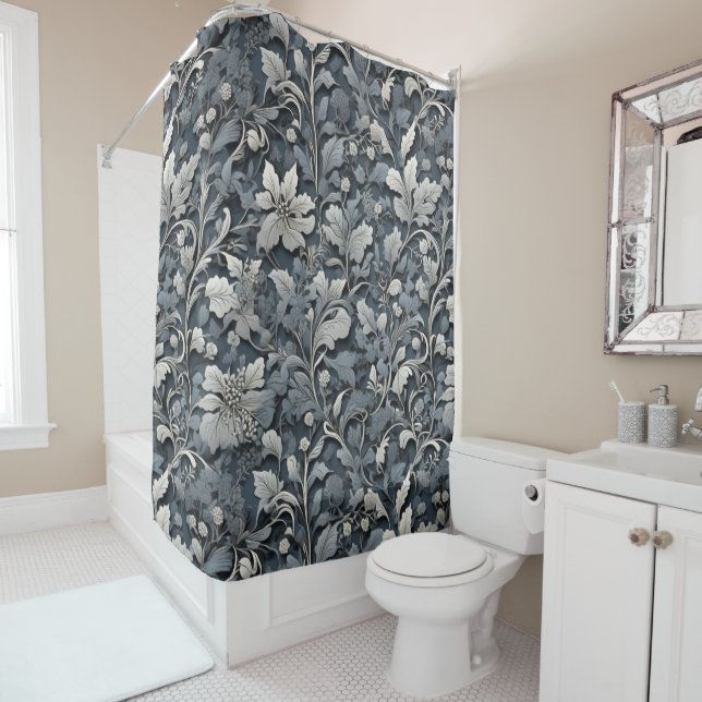 Elegant dusty blue silver white grey floral shower curtain (In Situ)