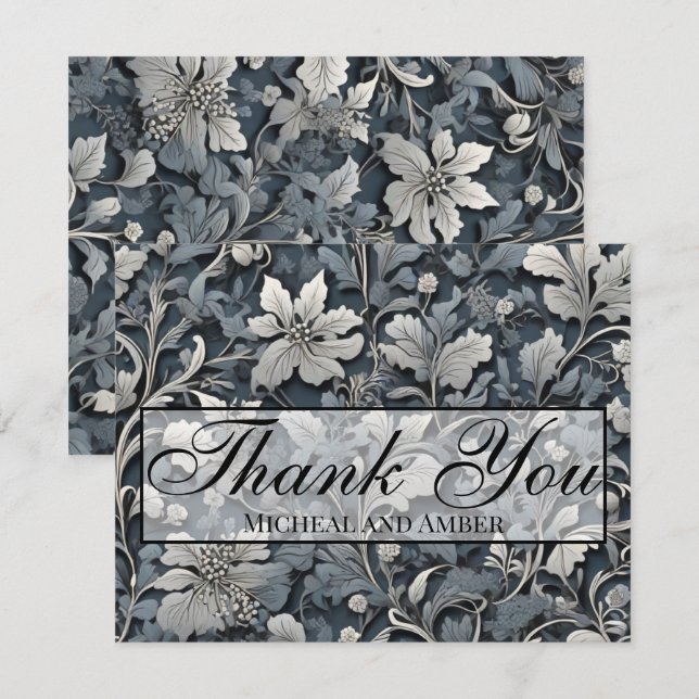 Elegant dusty blue silver white grey floral thank you card (Front/Back)