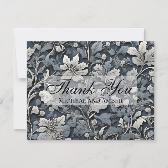 Elegant dusty blue silver white grey floral thank you card (Front)
