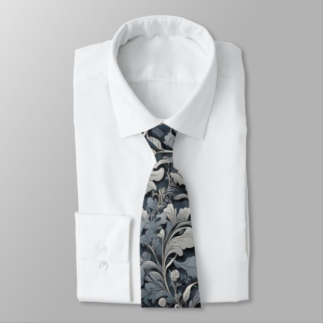 Elegant dusty blue silver white grey floral tie (Tied)
