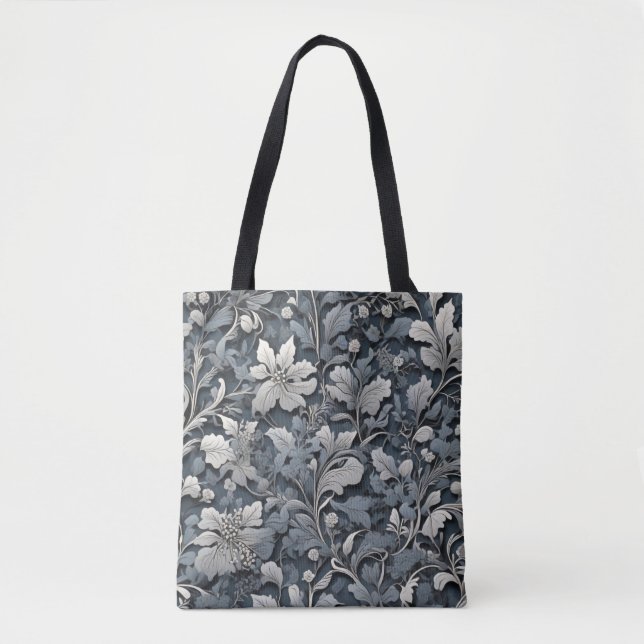 Elegant dusty blue silver white grey floral tote bag (Front)