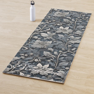 Elegant dusty blue silver white grey floral yoga mat
