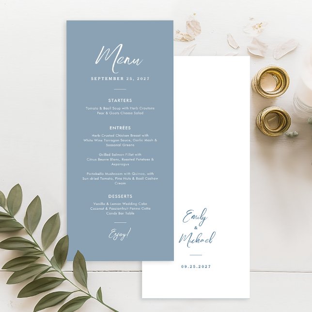 Elegant Dusty Blue Simple Calligraphy Wedding  Menu (Dusty blue calligraphy wedding menu - perfect for your elegant wedding)