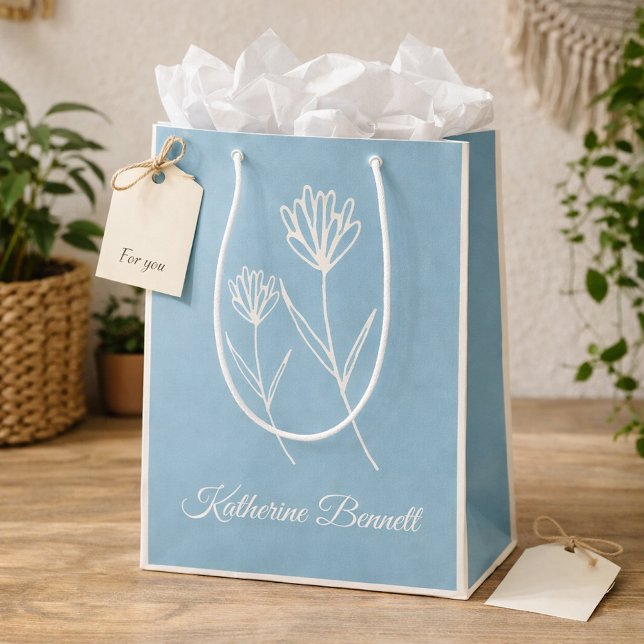 Elegant Dusty Blue Simple Flower  Medium Gift Bag (Creator Uploaded)