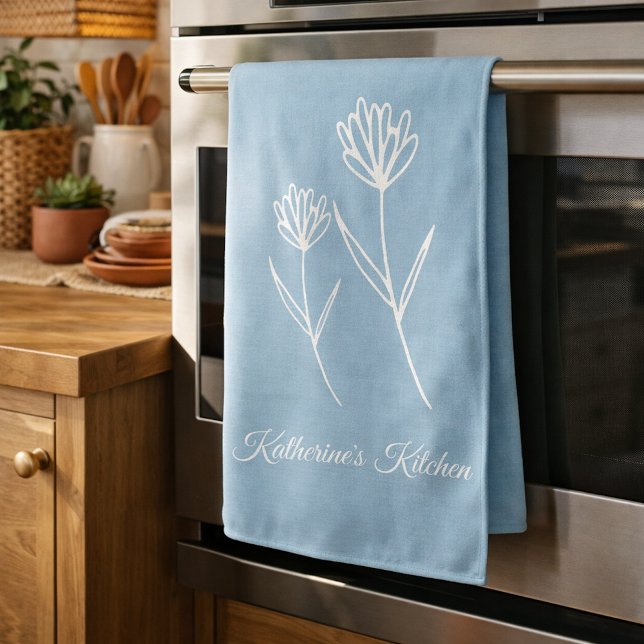 Elegant Dusty Blue Simple Flower  Tea Towel (Creator Uploaded)