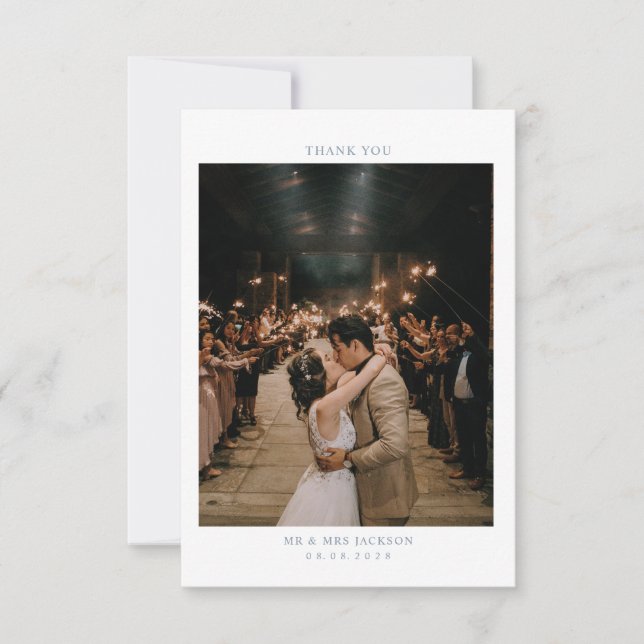 Elegant Dusty Blue Simple heart with photo Wedding Thank You Card (Front)