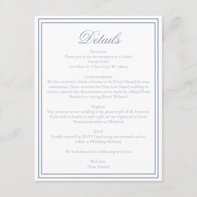 Elegant Dusty Blue Simple Minimalist Frame Wedding Enclosure Card (Front)