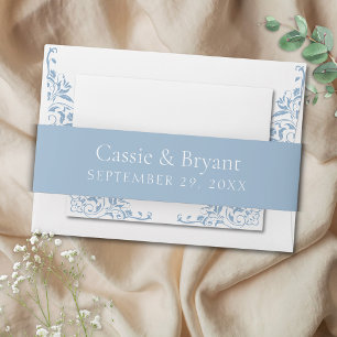 Elegant Dusty Blue Simple Vintage Wedding Invitation Belly Band