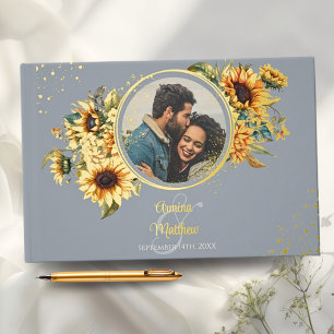 Elegant Dusty Blue Sunflower Photo Wedding Guest Book