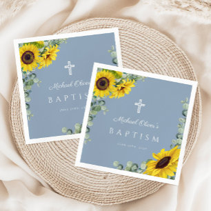 Elegant Dusty Blue Sunflower Religious Baptism Napkin