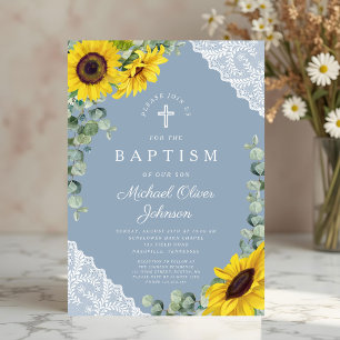 Elegant Dusty Blue Sunflowers Cross Baptism Invitation