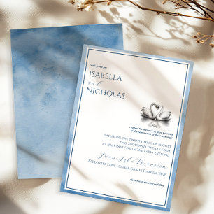 Elegant Dusty Blue Swan Lake Watercolor Wedding Invitation