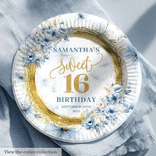 Elegant Dusty Blue Sweet Sixteen Gold Glitter Paper Plate