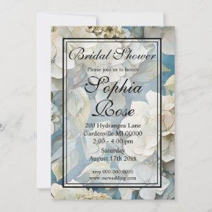 Elegant dusty blue teal ivory floral hydrangeas invitation