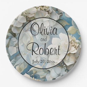 Elegant dusty blue teal ivory floral hydrangeas paper plate