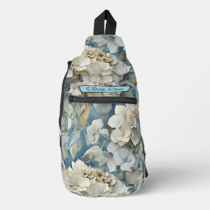 Elegant dusty blue teal ivory floral hydrangeas sling bag