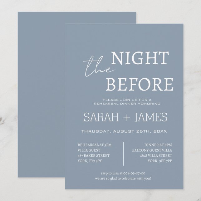 Elegant Dusty Blue the Night Before Dinner Wedding Invitation (Front/Back)