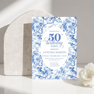 Elegant Dusty Blue Toile de Jouy 50th Birthday  Invitation