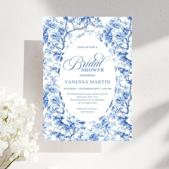 Elegant Dusty Blue Toile de Jouy Bridal Shower  Invitation (Elegant Dusty Blue Toile de Jouy Bridal Shower Invite)