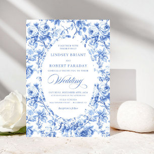Elegant Dusty Blue Toile de Jouy Floral Wedding Invitation