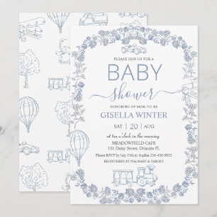 Elegant Dusty Blue Toile Floral Boy Baby Shower  Invitation