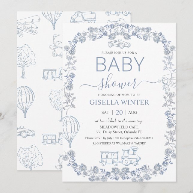 Elegant Dusty Blue Toile Floral Boy Baby Shower  Invitation (Front/Back)