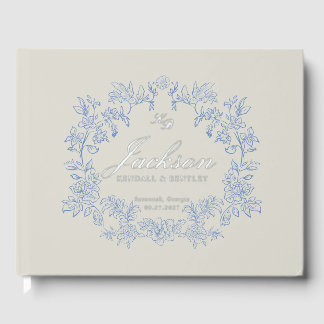 Elegant Dusty Blue Toile Floral Victorian Wedding Guest Book