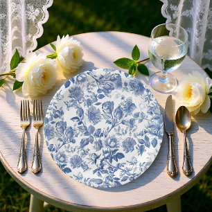 Elegant Dusty Blue Toile Floral Wedding Paper Plate