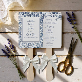 Elegant Dusty Blue Toile Floral Wedding Program Hand Fan
