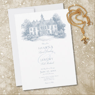 Elegant Dusty Blue Toile French Manor Wedding Invitation
