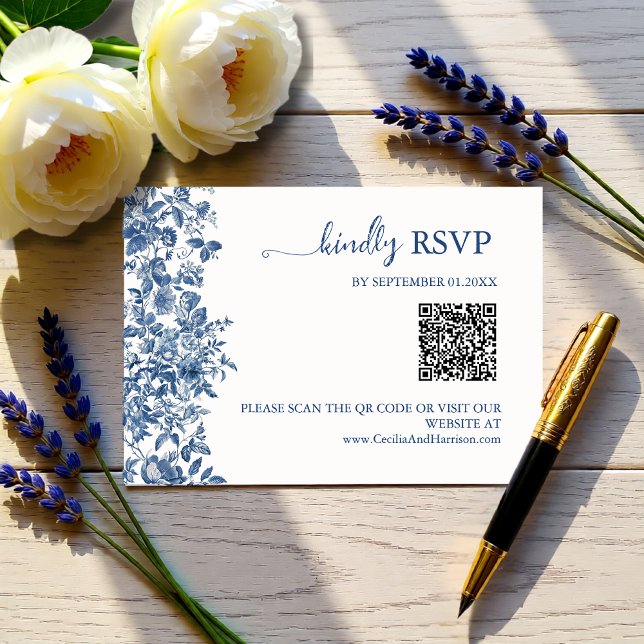 Elegant Dusty Blue Toile QR Code Wedding RSVP Card (Elegant Dusty Blue Toile QR Code Wedding RSVP Card)