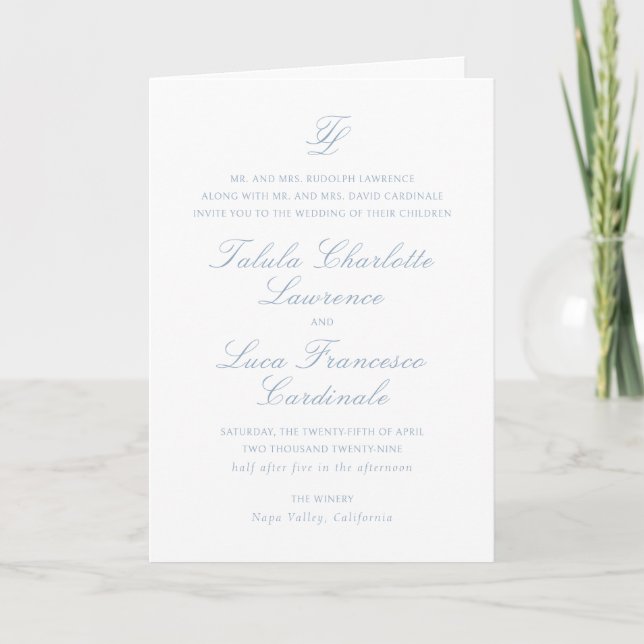 Elegant Dusty Blue Traditional Wedding Invitation (Front)