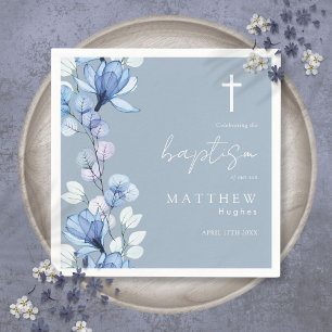 Elegant Dusty Blue Transparent Floral Baptism Napkin
