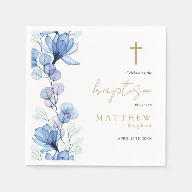 Elegant Dusty Blue Transparent Floral Baptism Napkin (Front)
