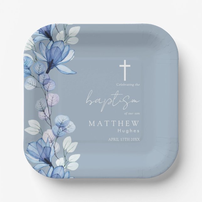 Elegant Dusty Blue Transparent Floral Baptism Paper Plate (Front)