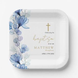 Elegant Dusty Blue Transparent Floral Baptism Paper Plate