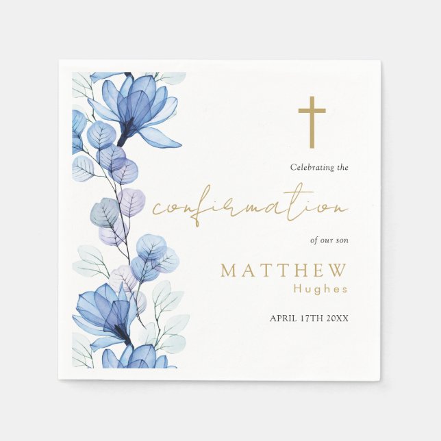 Elegant Dusty Blue Transparent Floral Confirmation Napkin (Front)