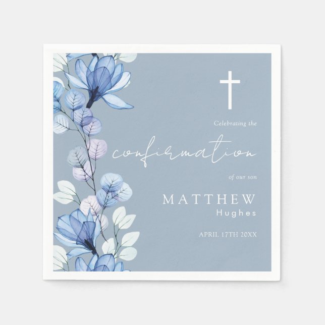 Elegant Dusty Blue Transparent Floral Confirmation Napkin (Front)