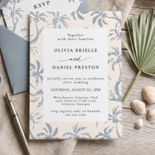 Elegant Dusty Blue Tropical Coastal Beach Wedding Invitation