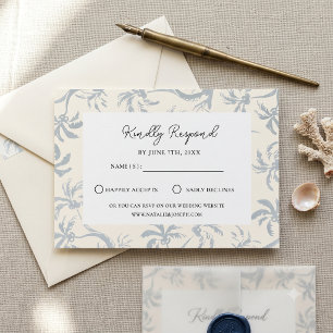 Elegant Dusty Blue Tropical Toile Coastal Wedding RSVP Card