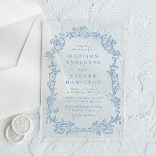 Elegant Dusty Blue Victorian Floral Frame Wedding Acrylic Invitations