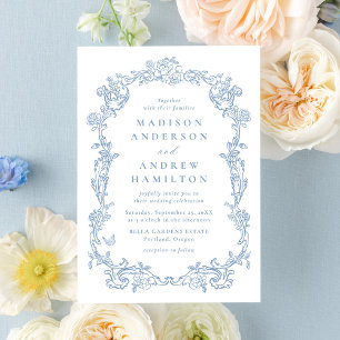 Elegant Dusty Blue Victorian Floral Frame Wedding Invitation