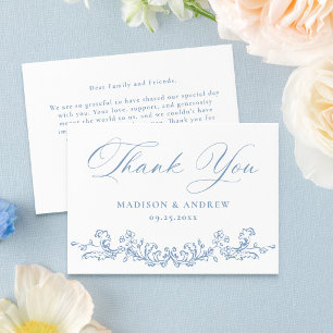 Elegant Dusty Blue Victorian Floral Wedding Thank You Card