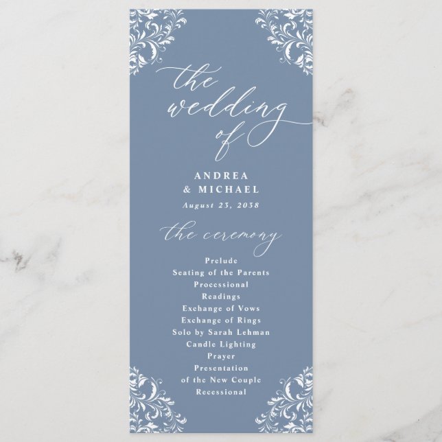 Elegant Dusty Blue Vintage Classic Wedding Programme (Front)