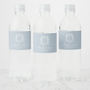 Elegant Dusty Blue Vintage Crest Line Art Wedding Water Bottle Label